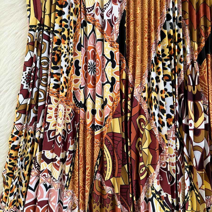 Abito lungo da donna Olivenorma con stampa patchwork bohémien, vita alta e pieghe. - image 10