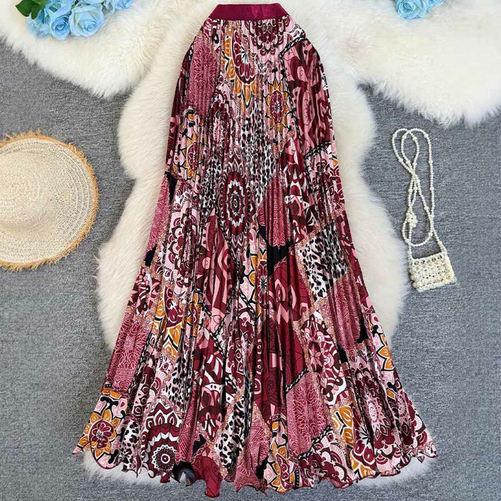 Abito lungo da donna Olivenorma con stampa patchwork bohémien, vita alta e pieghe. - image 3
