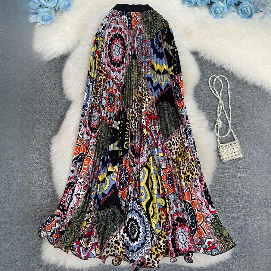 Abito lungo da donna Olivenorma con stampa patchwork bohémien, vita alta e pieghe. - image 13