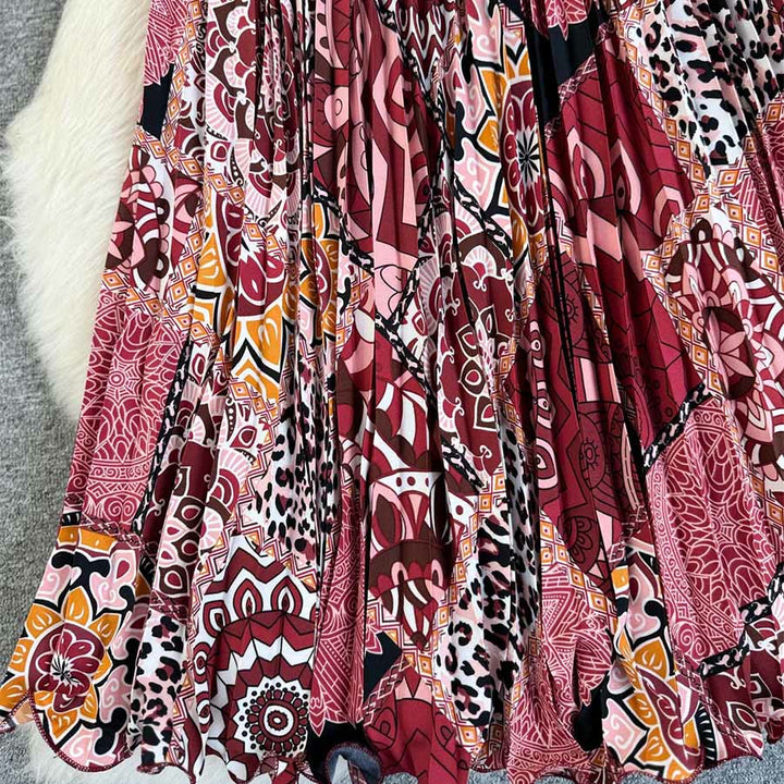 Abito lungo da donna Olivenorma con stampa patchwork bohémien, vita alta e pieghe. - image 5