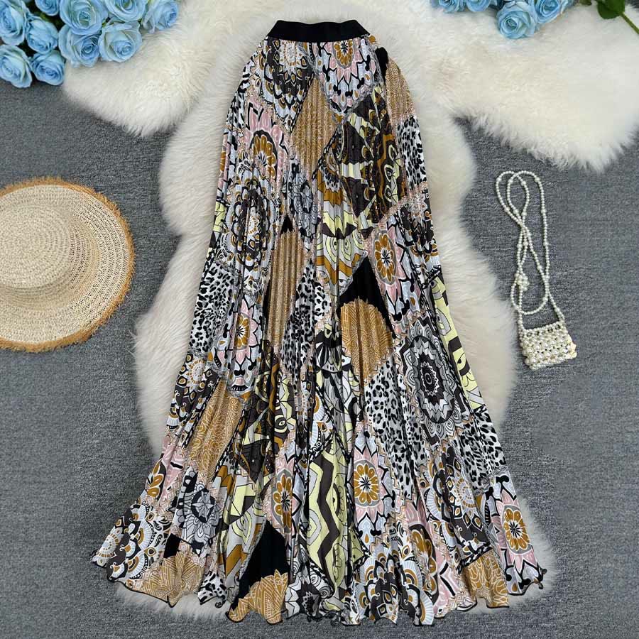 Abito lungo da donna Olivenorma con stampa patchwork bohémien, vita alta e pieghe. - Grigio-nero - image 11