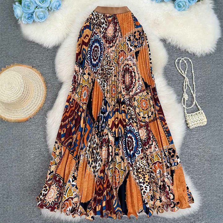 Abito lungo da donna Olivenorma con stampa patchwork bohémien, vita alta e pieghe. - Grigio-giallo - image 7