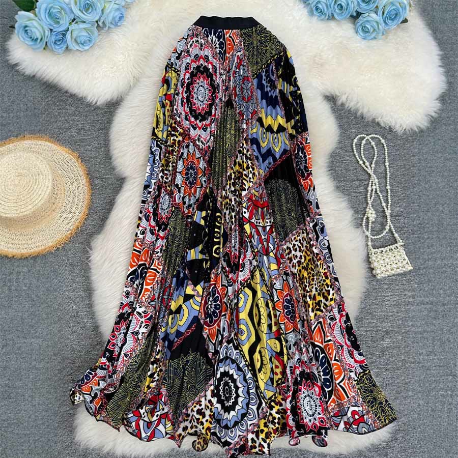 Abito lungo da donna Olivenorma con stampa patchwork bohémien, vita alta e pieghe. - Nero - image 12