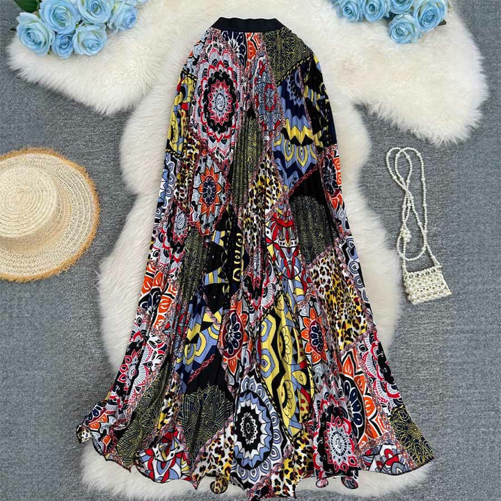 Abito lungo da donna Olivenorma con stampa patchwork bohémien, vita alta e pieghe. - Nero - image 12