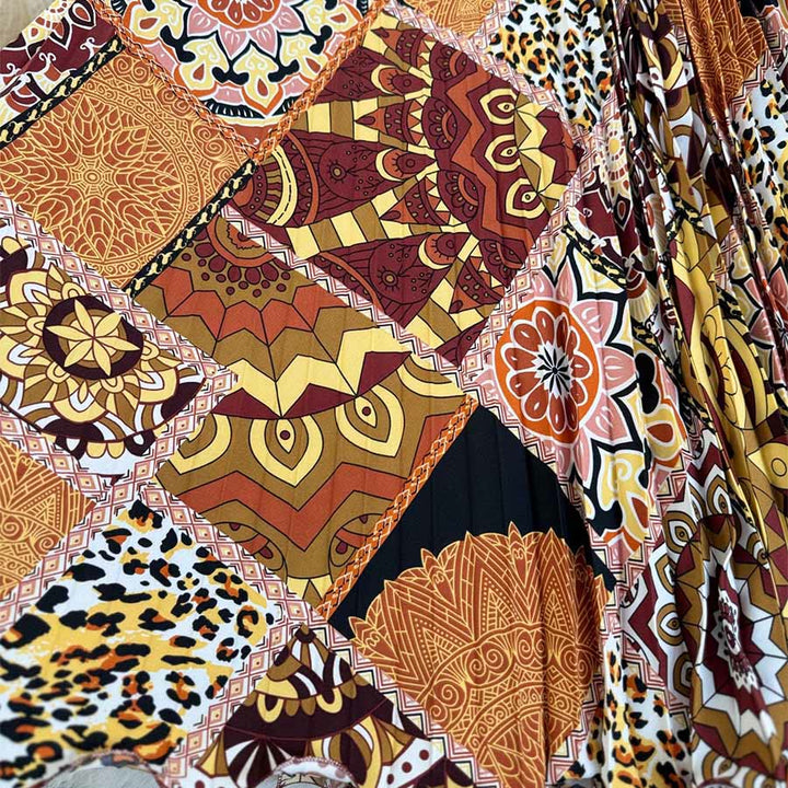 Abito lungo da donna Olivenorma con stampa patchwork bohémien, vita alta e pieghe. - image 8