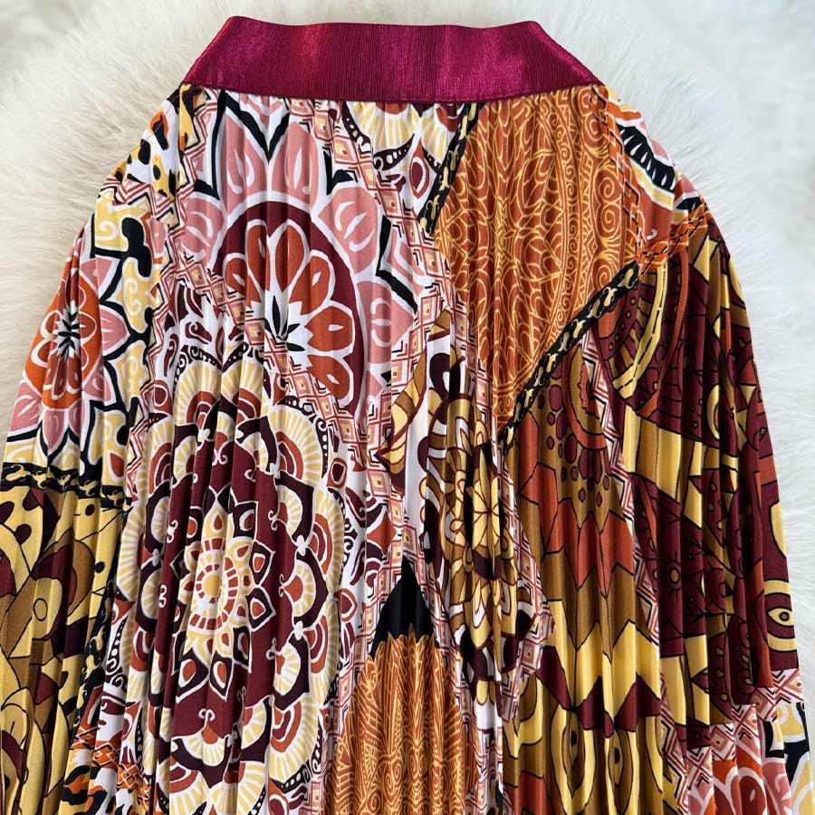 Abito lungo da donna Olivenorma con stampa patchwork bohémien, vita alta e pieghe. - image 9