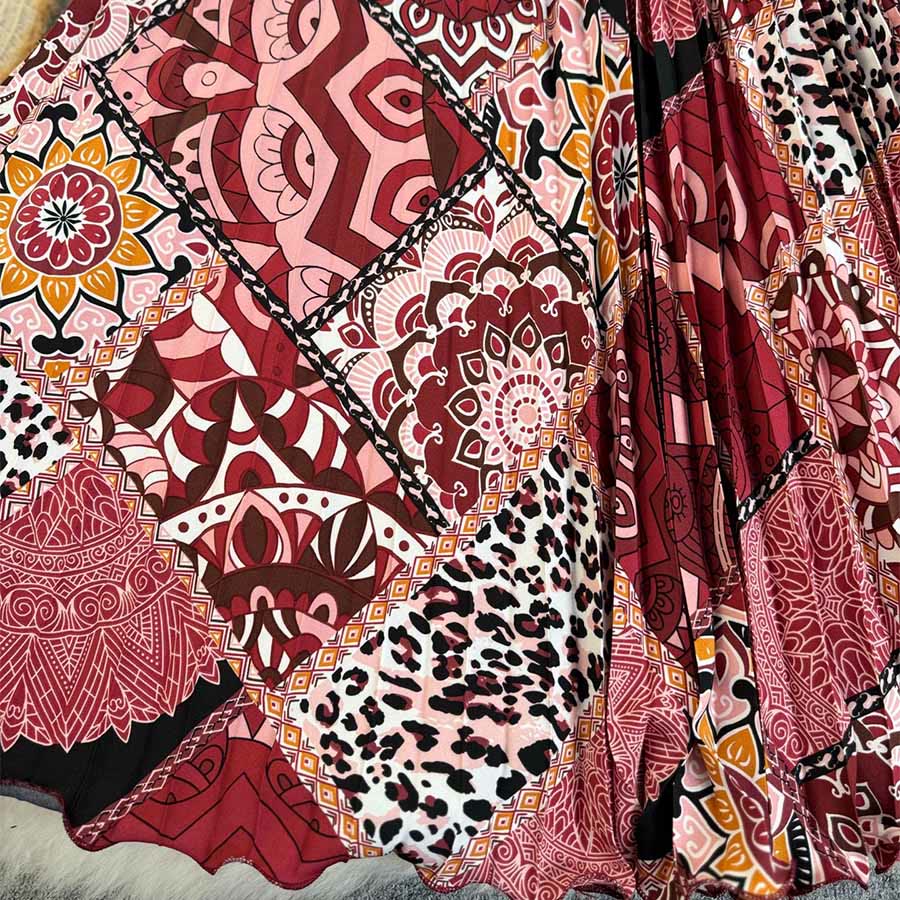 Abito lungo da donna Olivenorma con stampa patchwork bohémien, vita alta e pieghe. - image 6