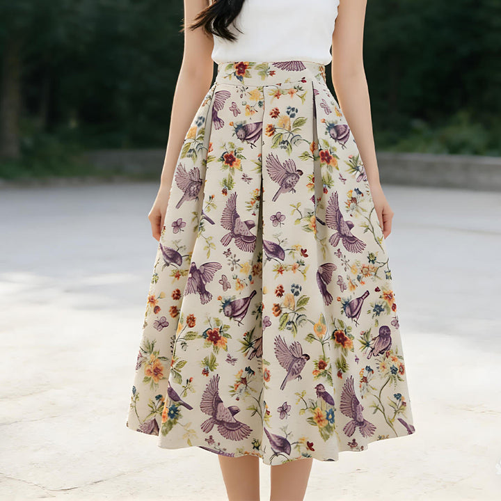 Abito lungo da donna Olivenorma con stampa floreale e uccelli in stile bohémien, vita alta e pieghe. - image 1