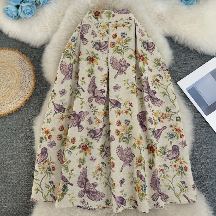 Abito lungo da donna Olivenorma con stampa floreale e uccelli in stile bohémien, vita alta e pieghe. - Gazza albicocca - XL - image 0