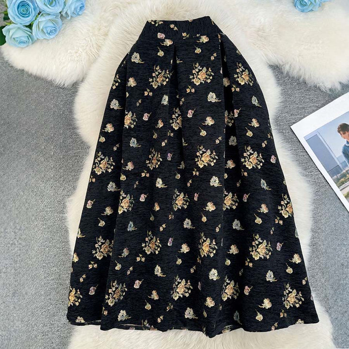 Abito lungo da donna Olivenorma con stampa floreale e uccelli in stile bohémien, vita alta e pieghe. - Piccolo motivo floreale nero - XL - image 9
