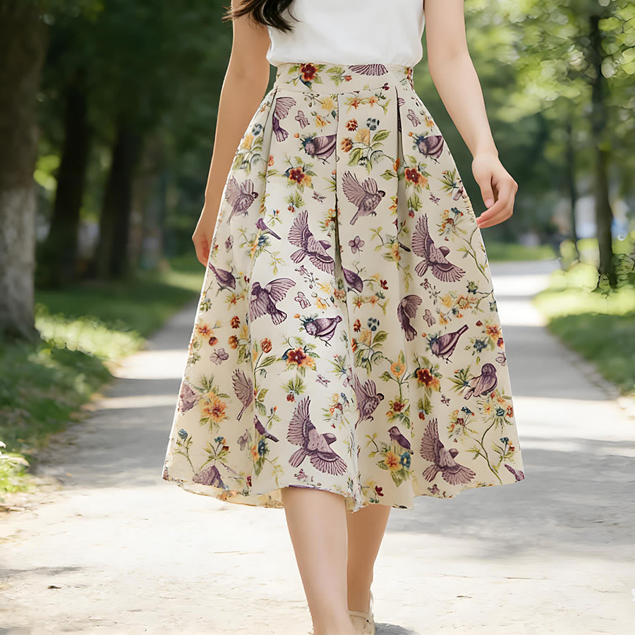 Abito lungo da donna Olivenorma con stampa floreale e uccelli in stile bohémien, vita alta e pieghe. - image 3