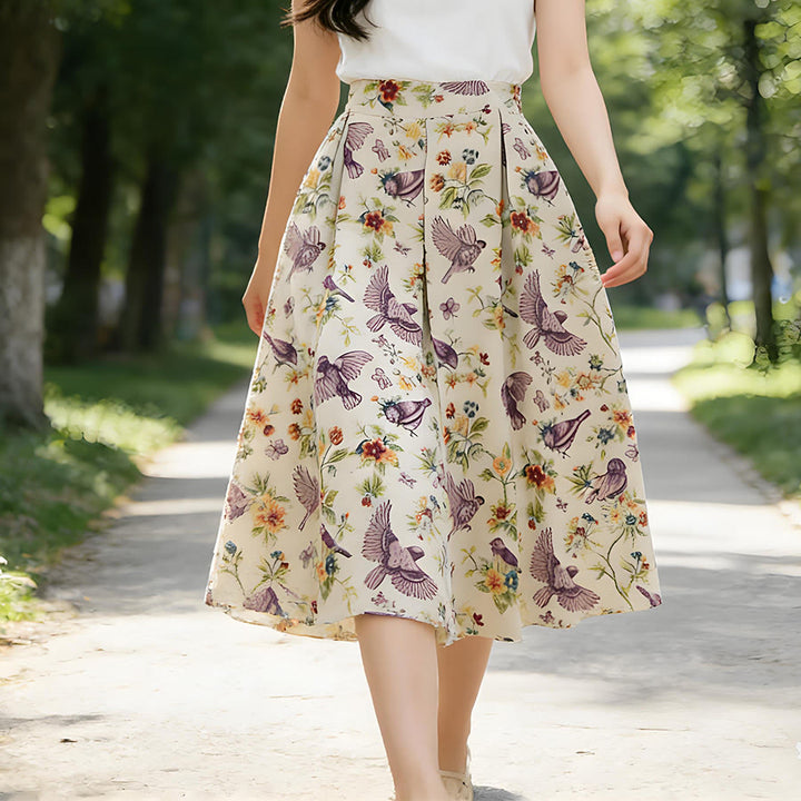 Abito lungo da donna Olivenorma con stampa floreale e uccelli in stile bohémien, vita alta e pieghe. - image 3