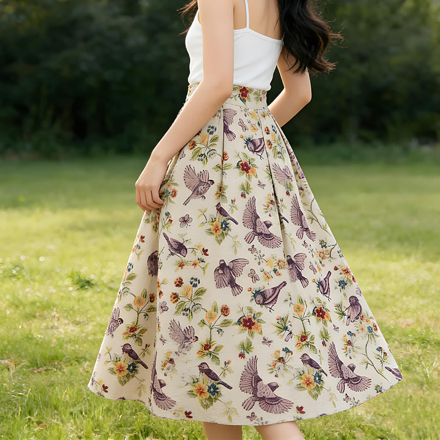 Abito lungo da donna Olivenorma con stampa floreale e uccelli in stile bohémien, vita alta e pieghe. - image 2
