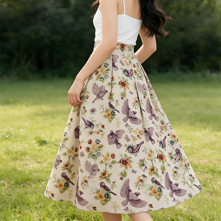 Abito lungo da donna Olivenorma con stampa floreale e uccelli in stile bohémien, vita alta e pieghe. - image 2