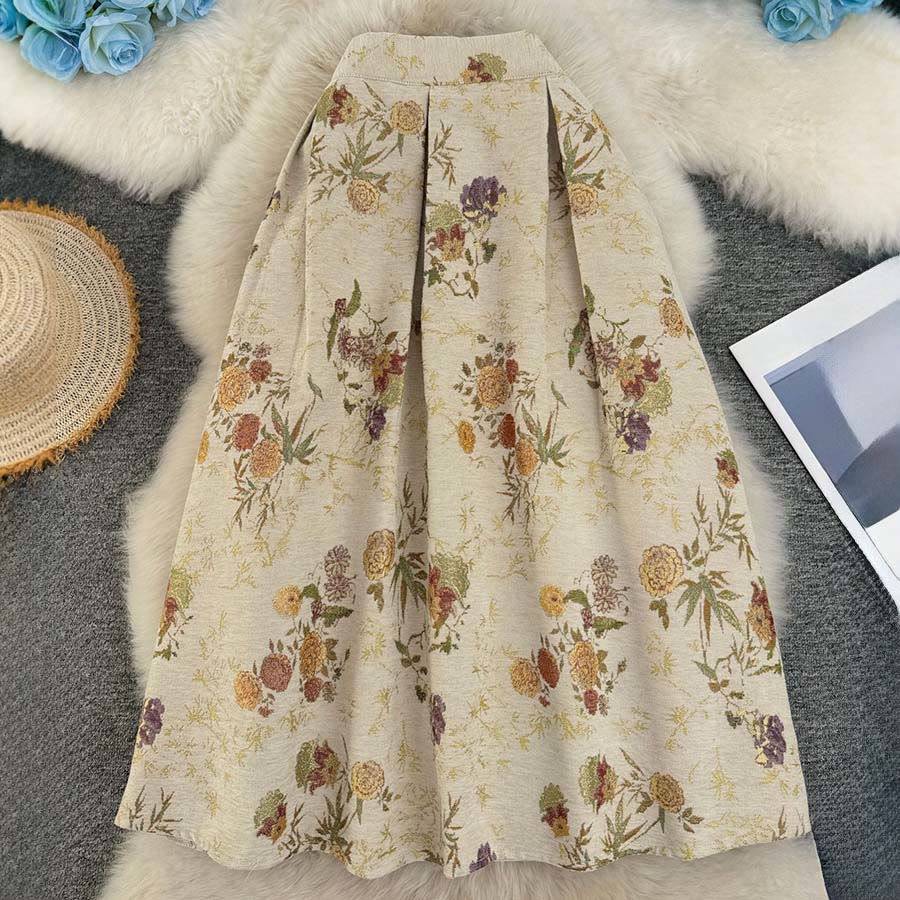 Abito lungo da donna Olivenorma con stampa floreale e uccelli in stile bohémien, vita alta e pieghe. - Albicocca Piccolo Floreale - XL - image 6