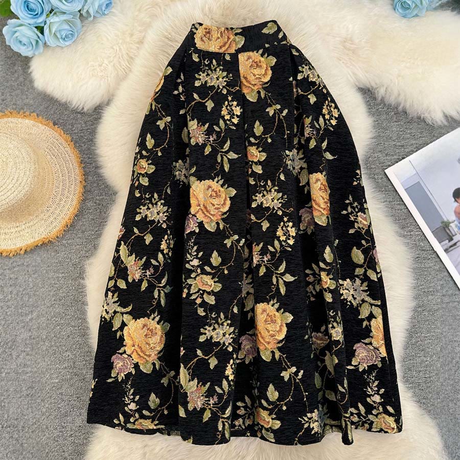 Abito lungo da donna Olivenorma con stampa floreale e uccelli in stile bohémien, vita alta e pieghe. - Grande motivo floreale nero - XL - image 10