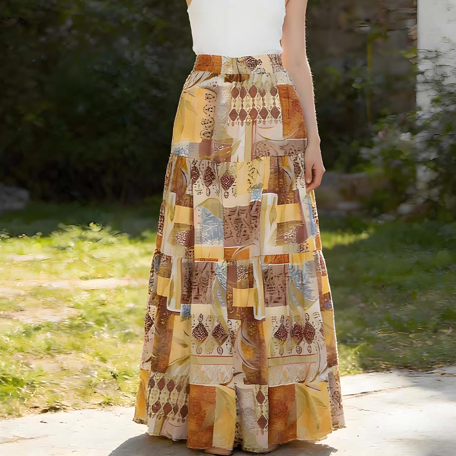 Abito lungo da donna Olivenorma Boho Patchwork a vita alta - image 2