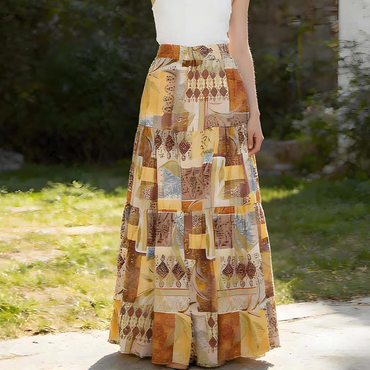 Abito lungo da donna Olivenorma Boho Patchwork a vita alta - image 2