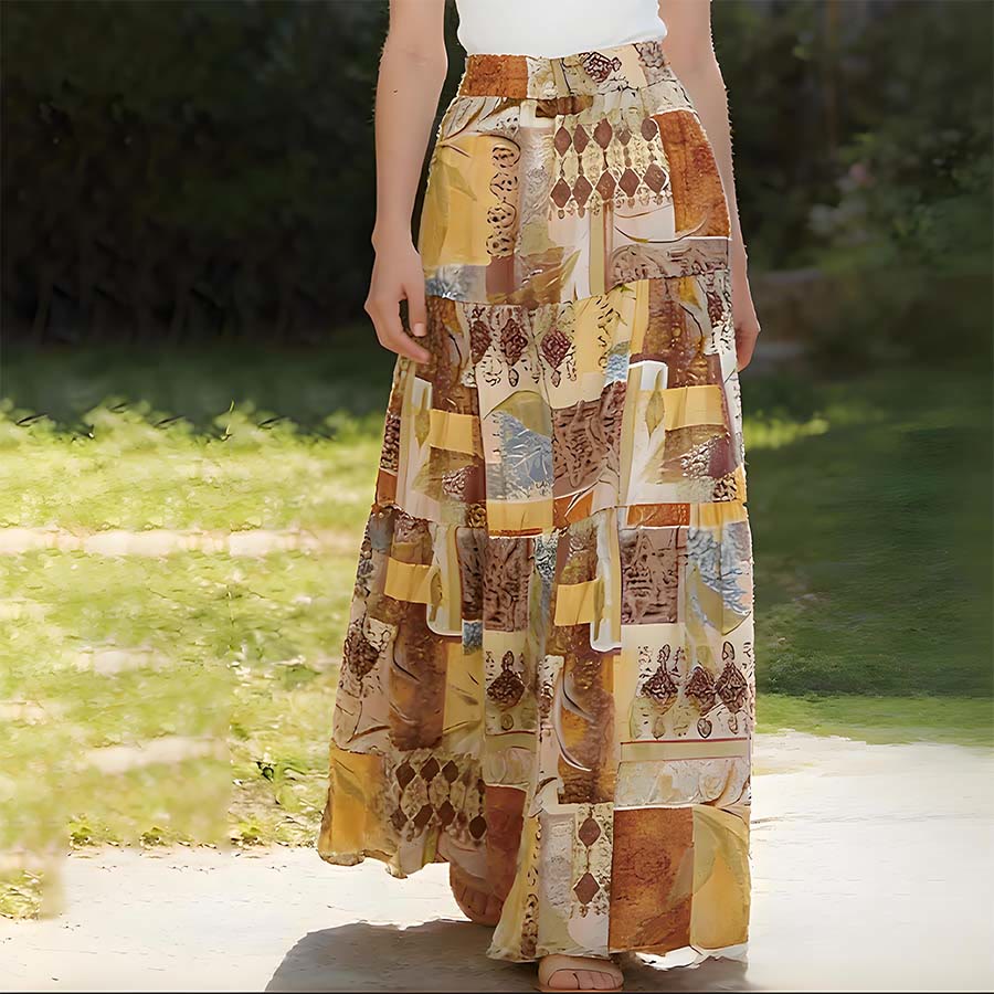 Abito lungo da donna Olivenorma Boho Patchwork a vita alta - Marrone - image 0