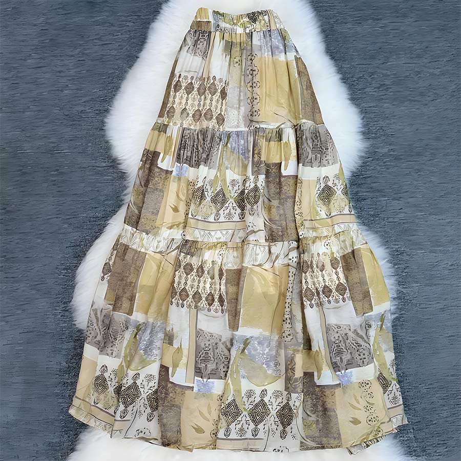Abito lungo da donna Olivenorma Boho Patchwork a vita alta - Cachi - image 7