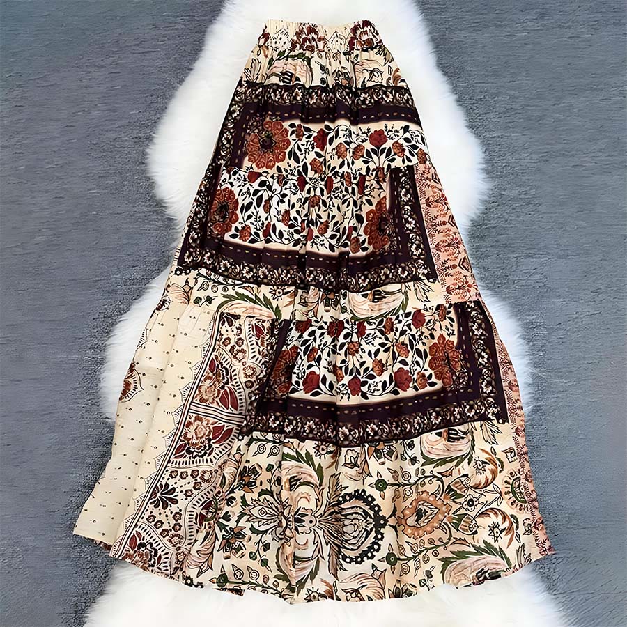 Abito lungo da donna Olivenorma Boho Patchwork a vita alta - Rosso - image 12