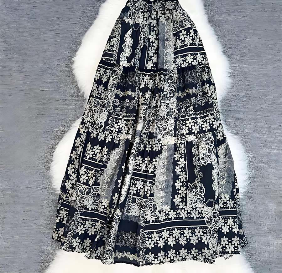Abito lungo da donna Olivenorma Boho Patchwork a vita alta - Nero - image 23