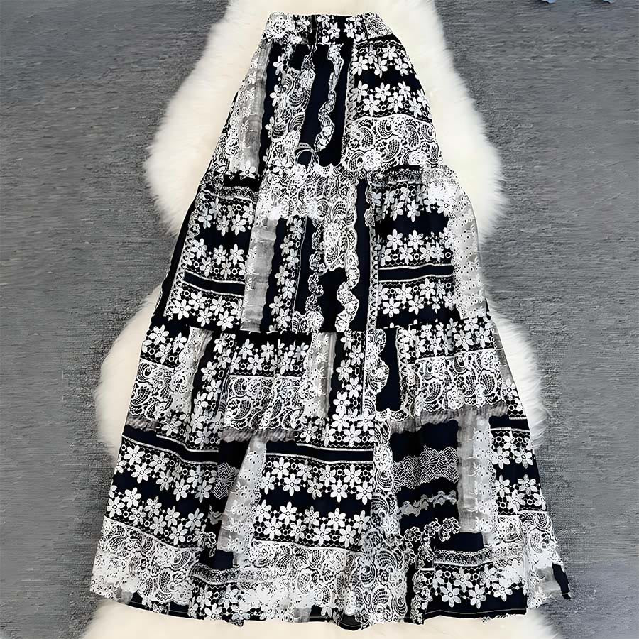 Abito lungo da donna Olivenorma Boho Patchwork a vita alta - Bianco e nero - image 20