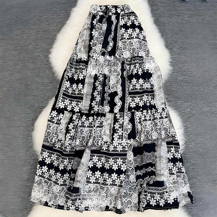Abito lungo da donna Olivenorma Boho Patchwork a vita alta - Bianco e nero - image 20