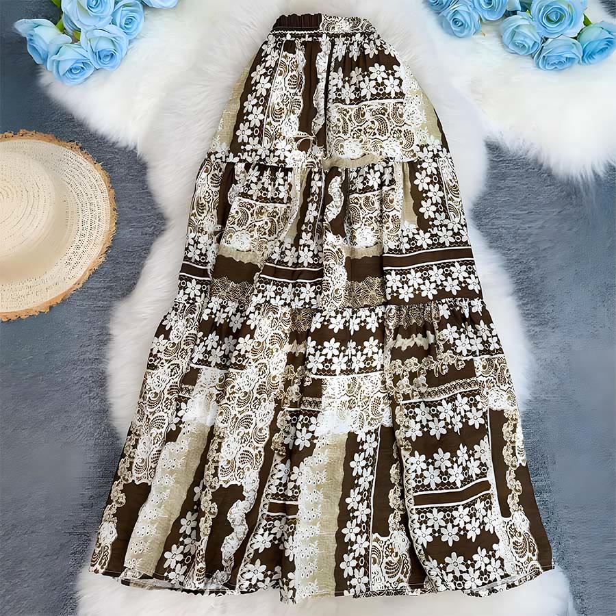 Abito lungo da donna Olivenorma Boho Patchwork a vita alta - Caffè - image 30