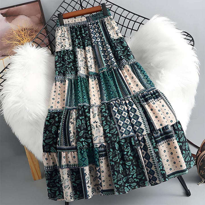 Abito lungo da donna Olivenorma in stile bohémien con stampa patchwork paisley e vita alta. - image 1