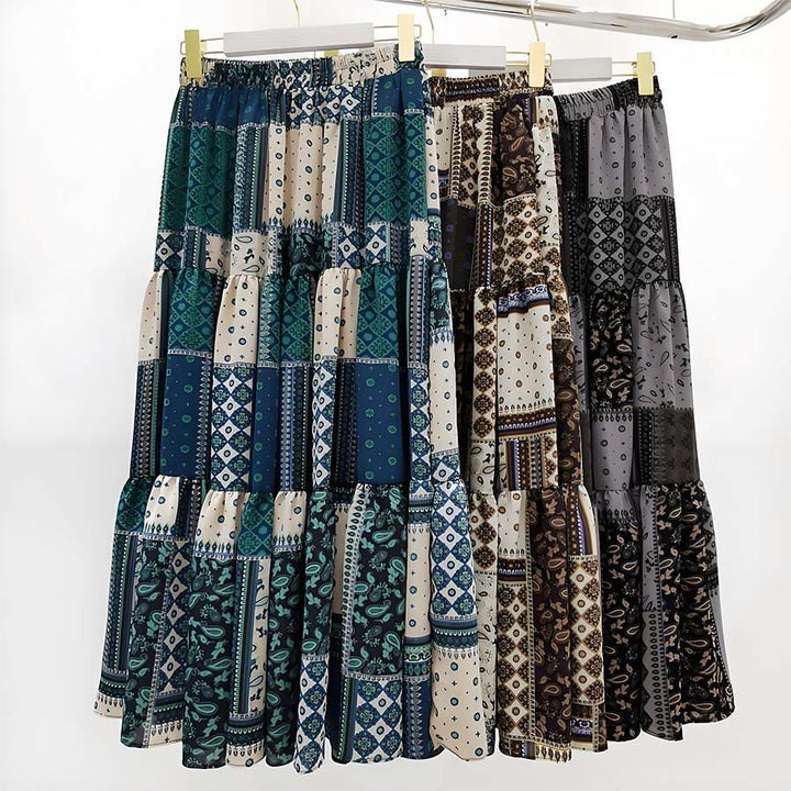 Abito lungo da donna Olivenorma in stile bohémien con stampa patchwork paisley e vita alta. - image 15
