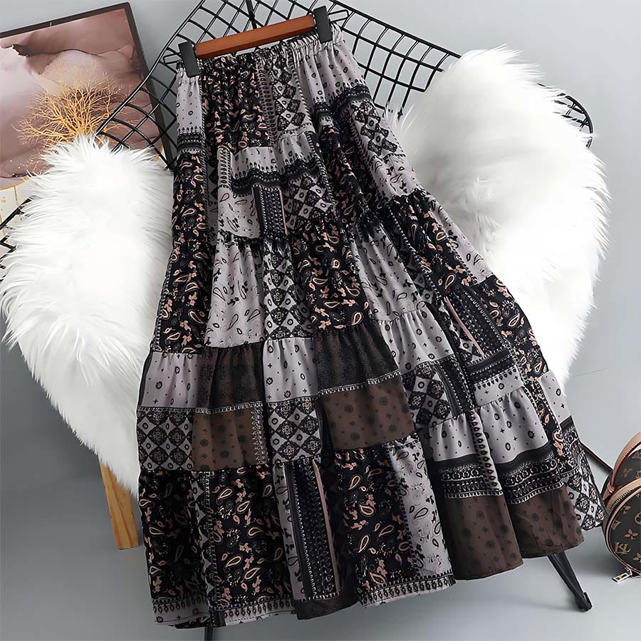 Abito lungo da donna Olivenorma in stile bohémien con stampa patchwork paisley e vita alta. - Grigio - image 12