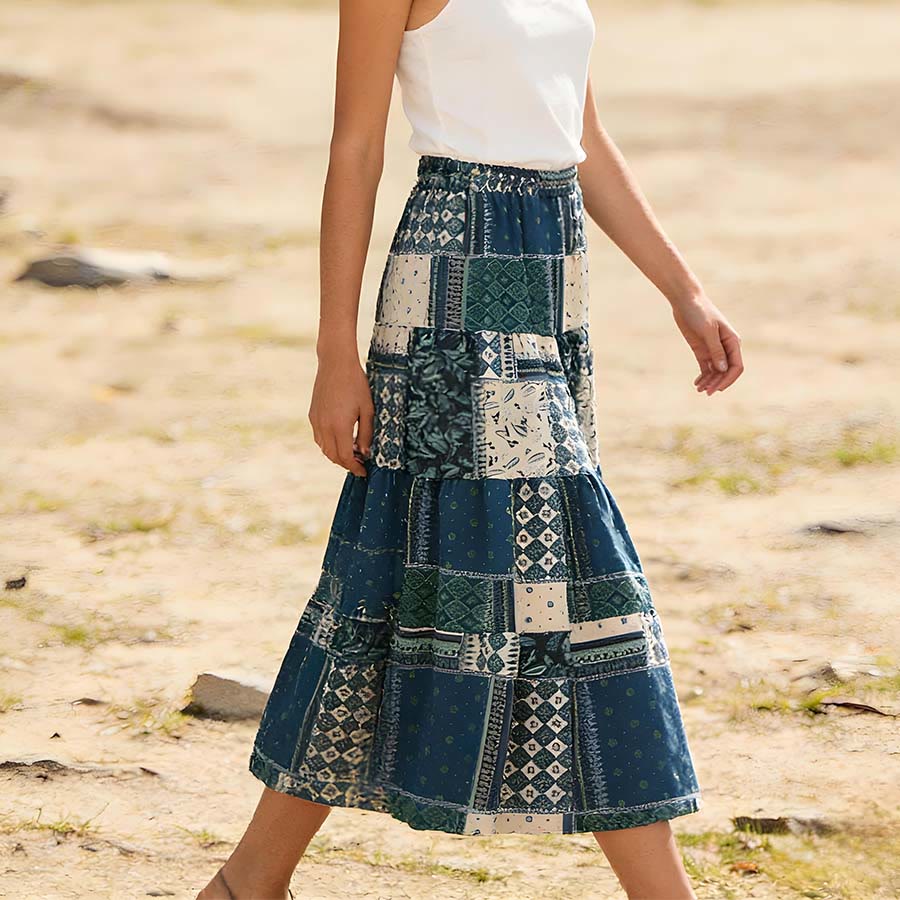 Abito lungo da donna Olivenorma in stile bohémien con stampa patchwork paisley e vita alta. - image 3