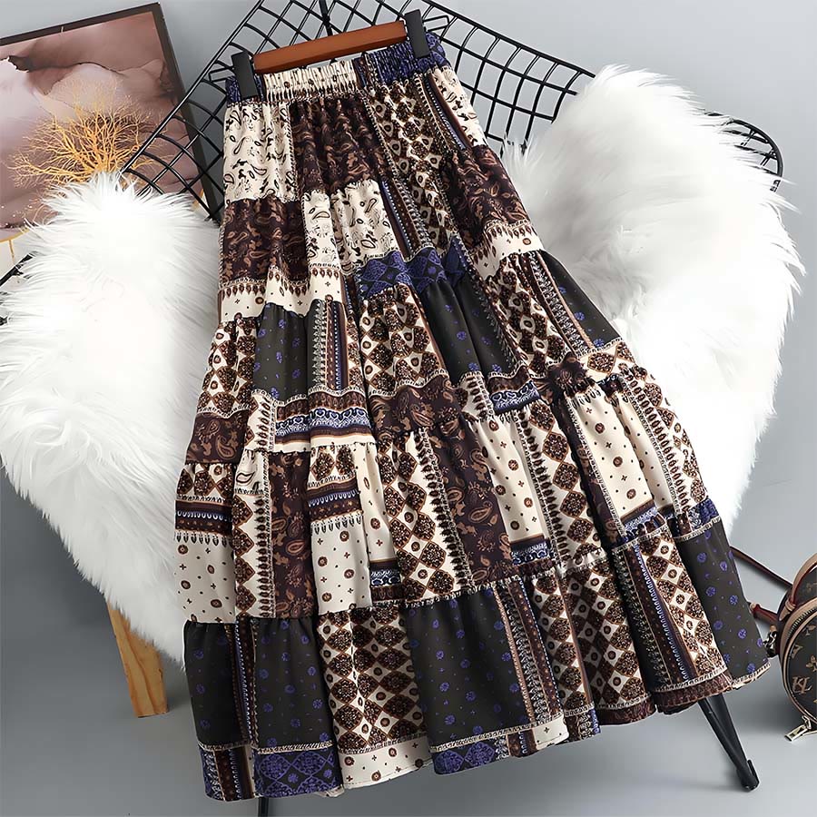 Abito lungo da donna Olivenorma in stile bohémien con stampa patchwork paisley e vita alta. - Cachi - image 8