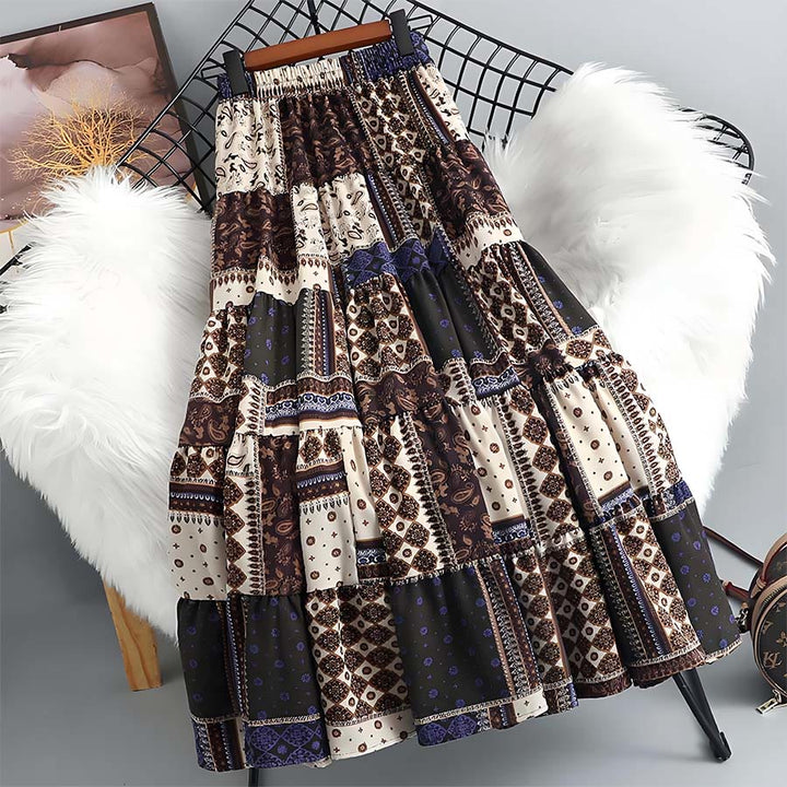 Abito lungo da donna Olivenorma in stile bohémien con stampa patchwork paisley e vita alta. - Cachi - image 8