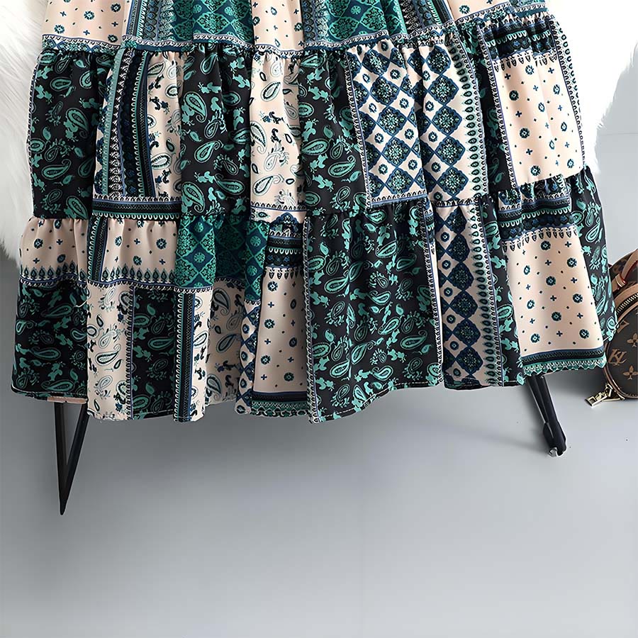 Abito lungo da donna Olivenorma in stile bohémien con stampa patchwork paisley e vita alta. - image 5