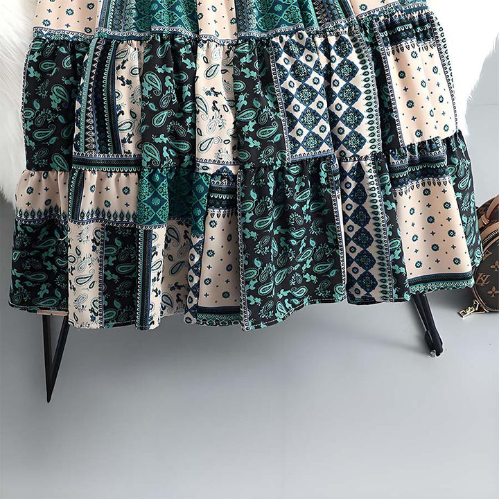 Abito lungo da donna Olivenorma in stile bohémien con stampa patchwork paisley e vita alta. - image 5