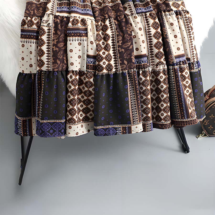 Abito lungo da donna Olivenorma in stile bohémien con stampa patchwork paisley e vita alta. - image 9