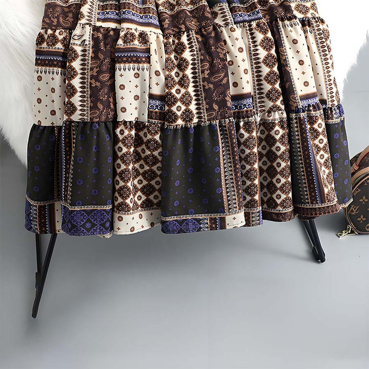 Abito lungo da donna Olivenorma in stile bohémien con stampa patchwork paisley e vita alta. - image 9