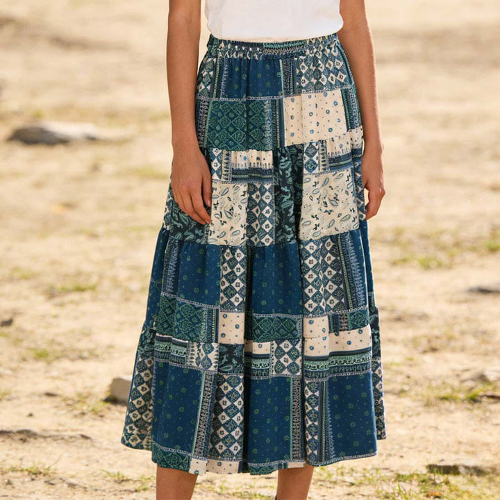 Abito lungo da donna Olivenorma in stile bohémien con stampa patchwork paisley e vita alta. - Verde - image 0