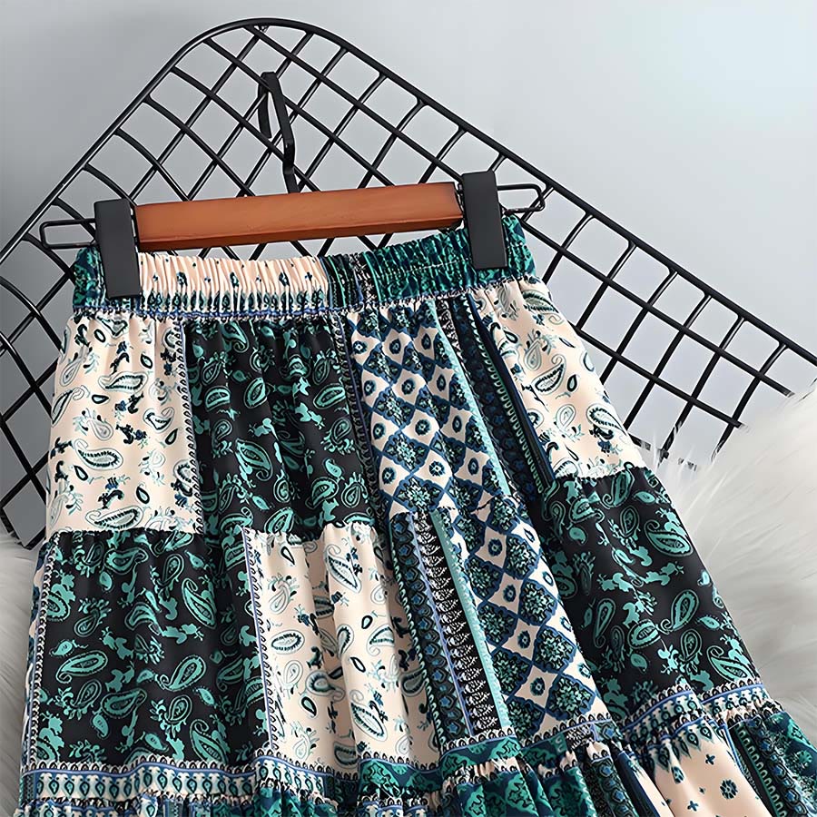 Abito lungo da donna Olivenorma in stile bohémien con stampa patchwork paisley e vita alta. - image 7