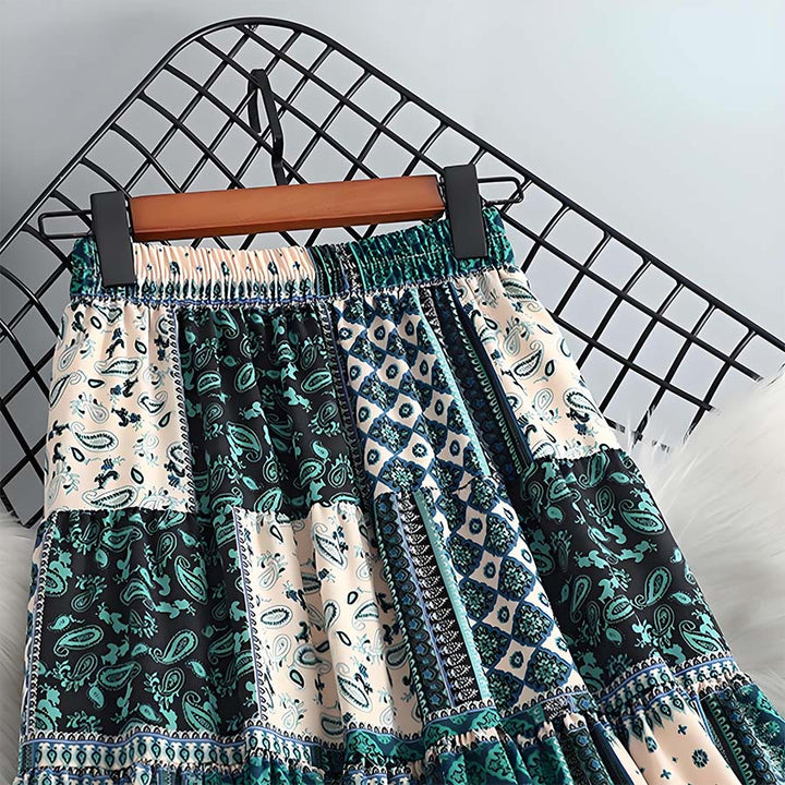 Abito lungo da donna Olivenorma in stile bohémien con stampa patchwork paisley e vita alta. - image 7