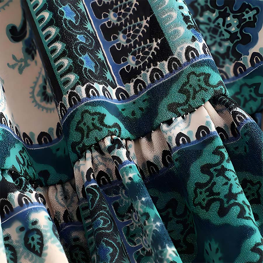Abito lungo da donna Olivenorma in stile bohémien con stampa patchwork paisley e vita alta. - image 6