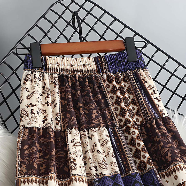 Abito lungo da donna Olivenorma in stile bohémien con stampa patchwork paisley e vita alta. - image 10