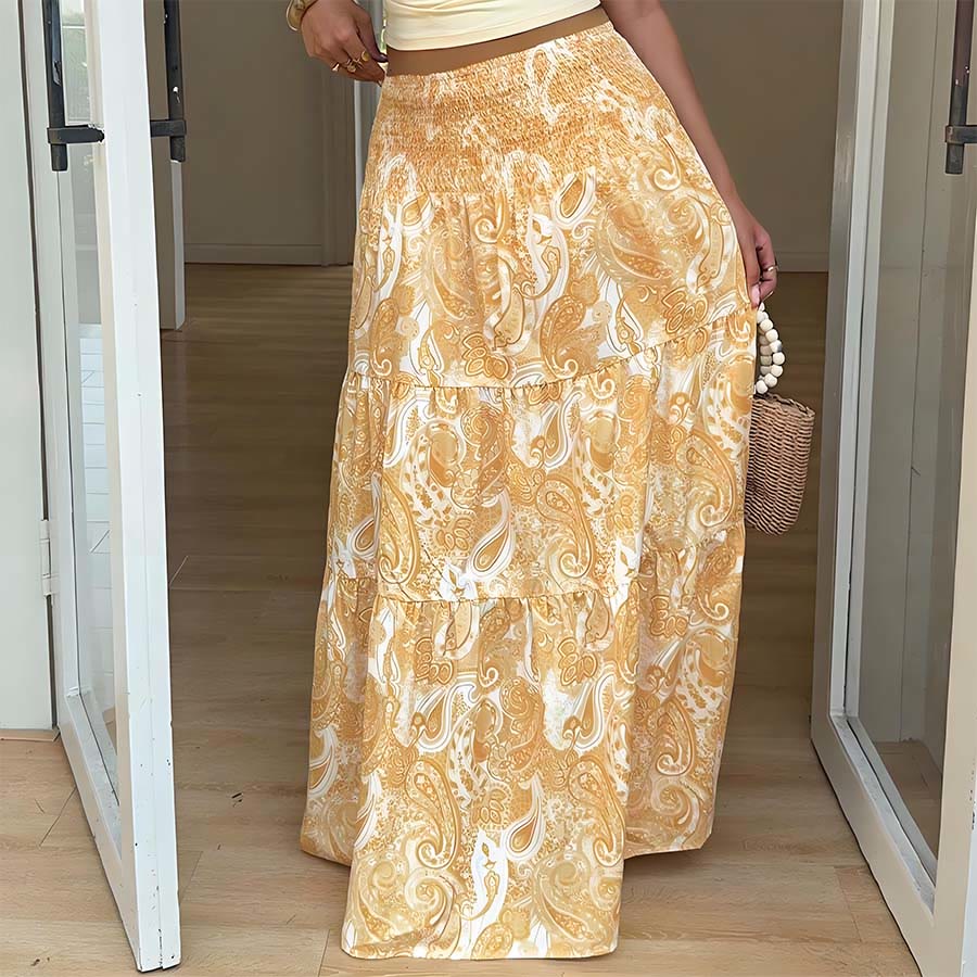 Abito lungo da donna Olivenorma con stampa paisley bohémien, vita alta, arricciature e balze. - image 18