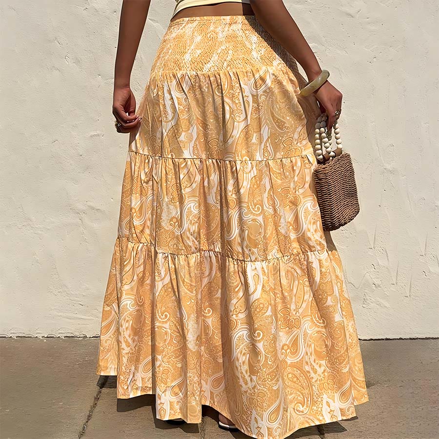Abito lungo da donna Olivenorma con stampa paisley bohémien, vita alta, arricciature e balze. - Giallo - XL - image 17