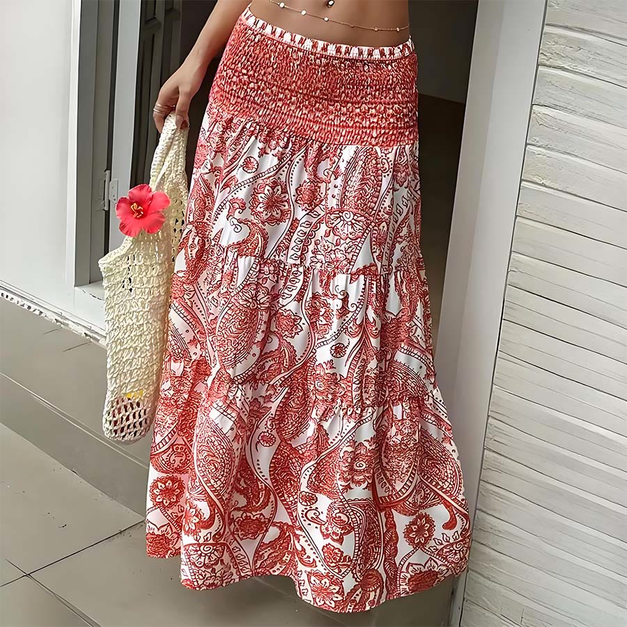 Abito lungo da donna Olivenorma con stampa paisley bohémien, vita alta, arricciature e balze. - Rosso - XXL - image 13