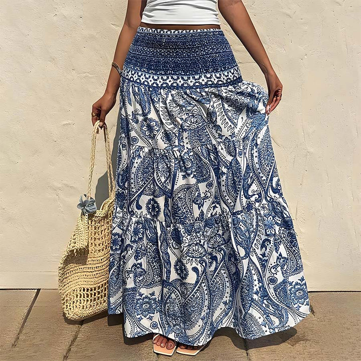 Abito lungo da donna Olivenorma con stampa paisley bohémien, vita alta, arricciature e balze. - Blu e bianco - XXL - image 0