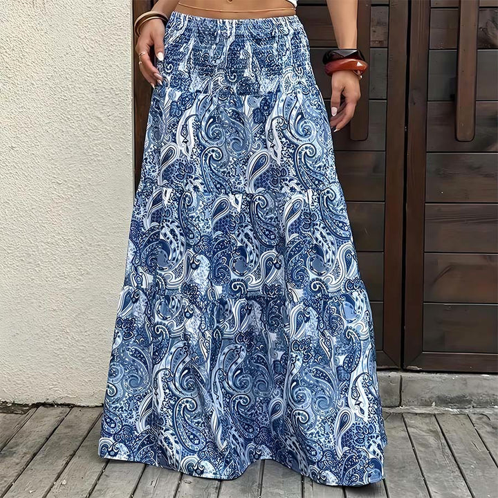 Abito lungo da donna Olivenorma con stampa paisley bohémien, vita alta, arricciature e balze. - Blu - XXL - image 5