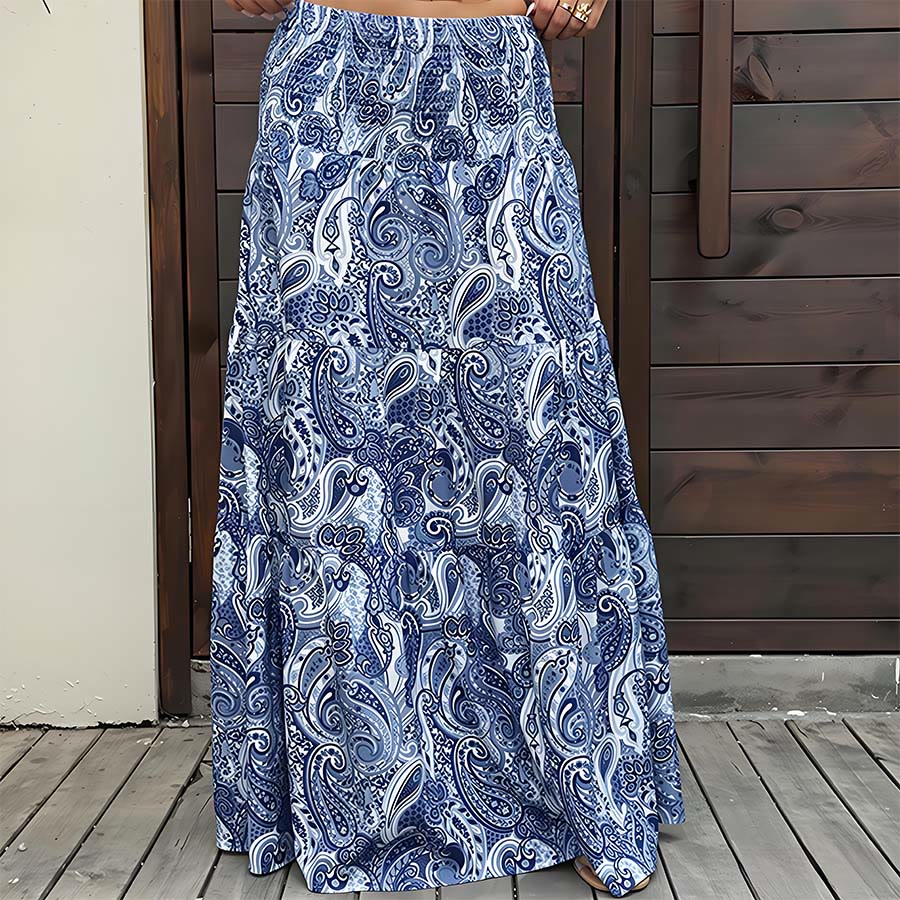 Abito lungo da donna Olivenorma con stampa paisley bohémien, vita alta, arricciature e balze. - image 6